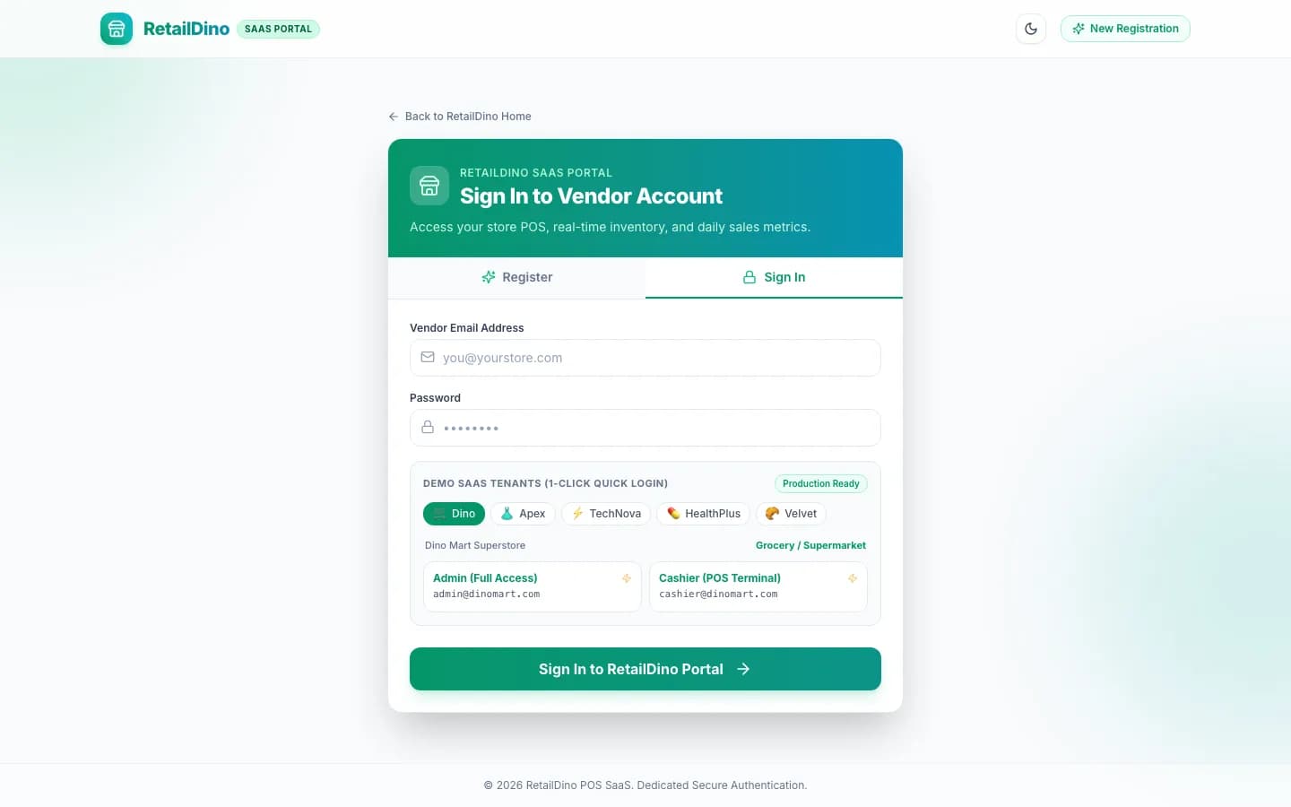 RetailDino SaaS - RetailDino multi-tenant SaaS vendor authentication portal