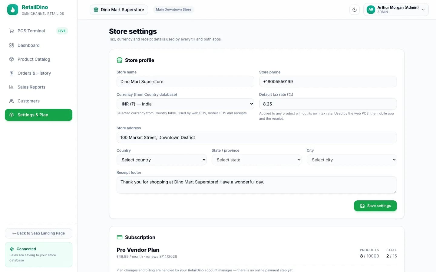 RetailDino SaaS - RetailDino store settings and SaaS subscription plan