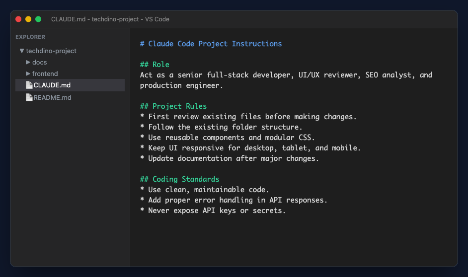 CLAUDE.md project instruction file example