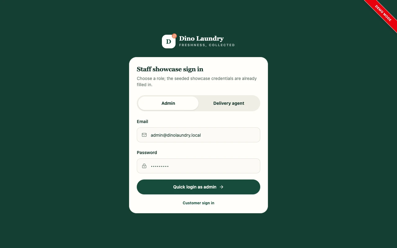 Dino Laundry admin dashboard showing laundry orders, customers, pickup operations, agents and payment information