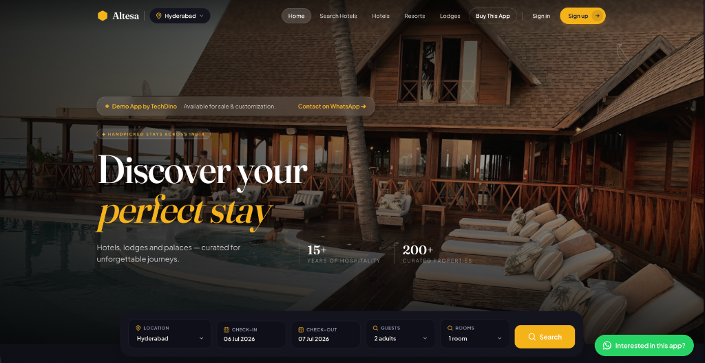 Hotel & Lodge Booking App software interface by TechDino