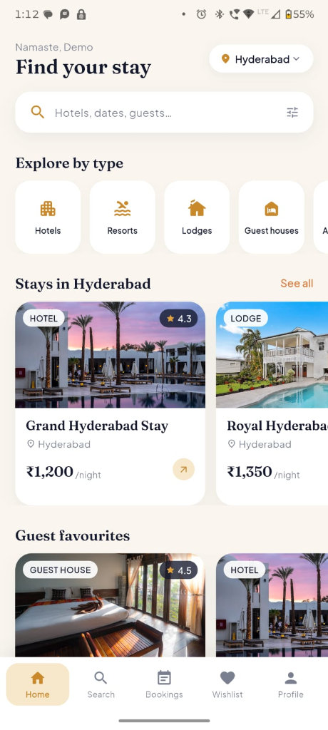 Hotel & Lodge Booking App mobile software screenshot by TechDino